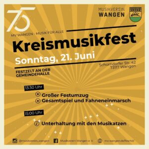 Es sind die Informationen für das Kreismusikfest des Blasmusikkreisverbands Göppingen am 21. Juni 2026 abgebildet. Es findet im Rahmen des 75-jährigen Jubiläums des Musikvereins Wangen statt.